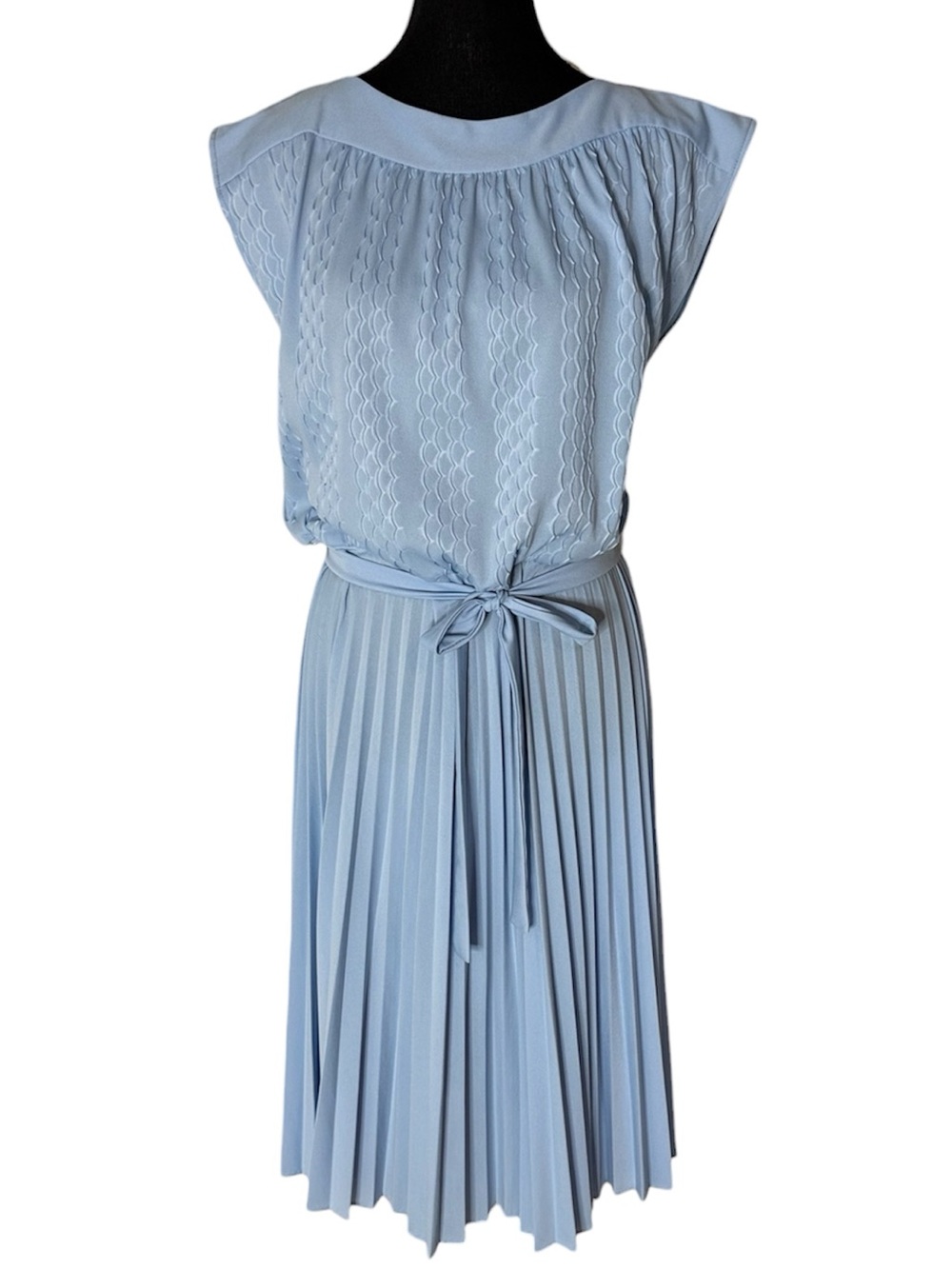 NANCY G Vintage Baby Blue Pleated Midi Dress Tie Belt Retro Large